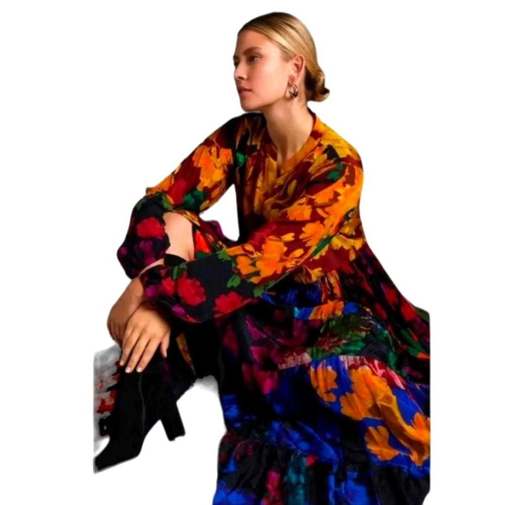 Anthropologie Siddhartha Bansal Bohemian Button Front Floral Tiered Maxi Dress L